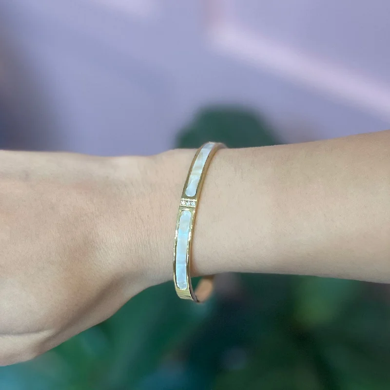 Simple Leather Bangle Bracelet-Lucky Life Rhinestone Detail White & Gold Cuff Bracelet