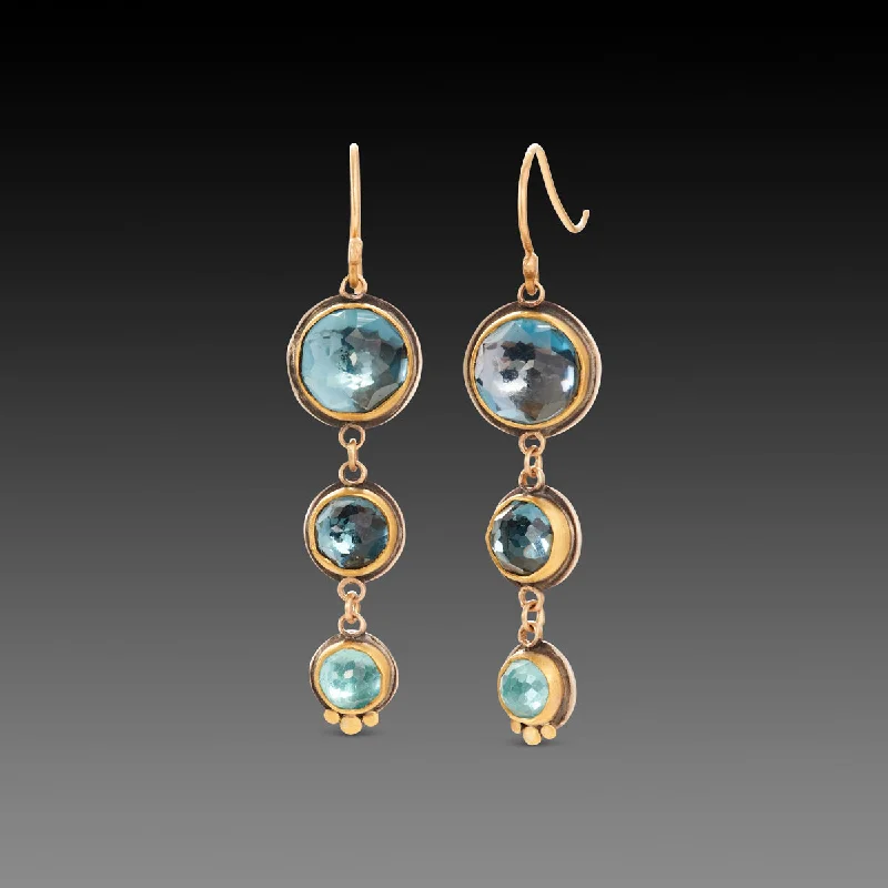 Silver Earrings for Weddings-Triple Blue Topaz Drop Earrings