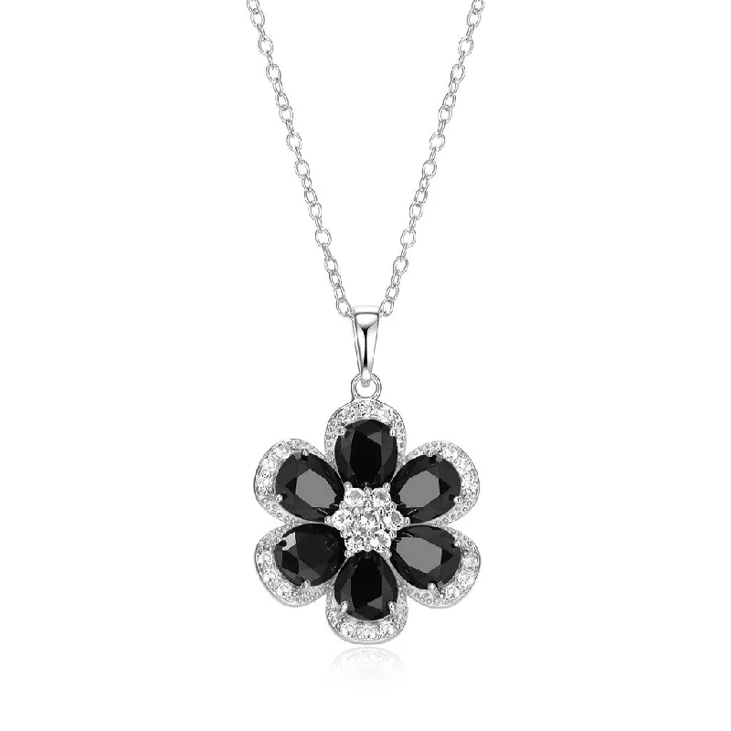 Layered Heart Pendant Necklace-Sterling Silver Black Spinel & White Topaz Flower Necklace by Samuel B.