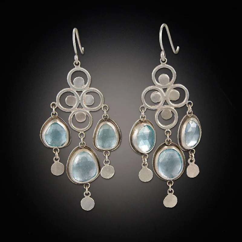 Pearl Hoop Earrings-Large Filigree Chandelier Earrings with Rose Cut Blue Topaz