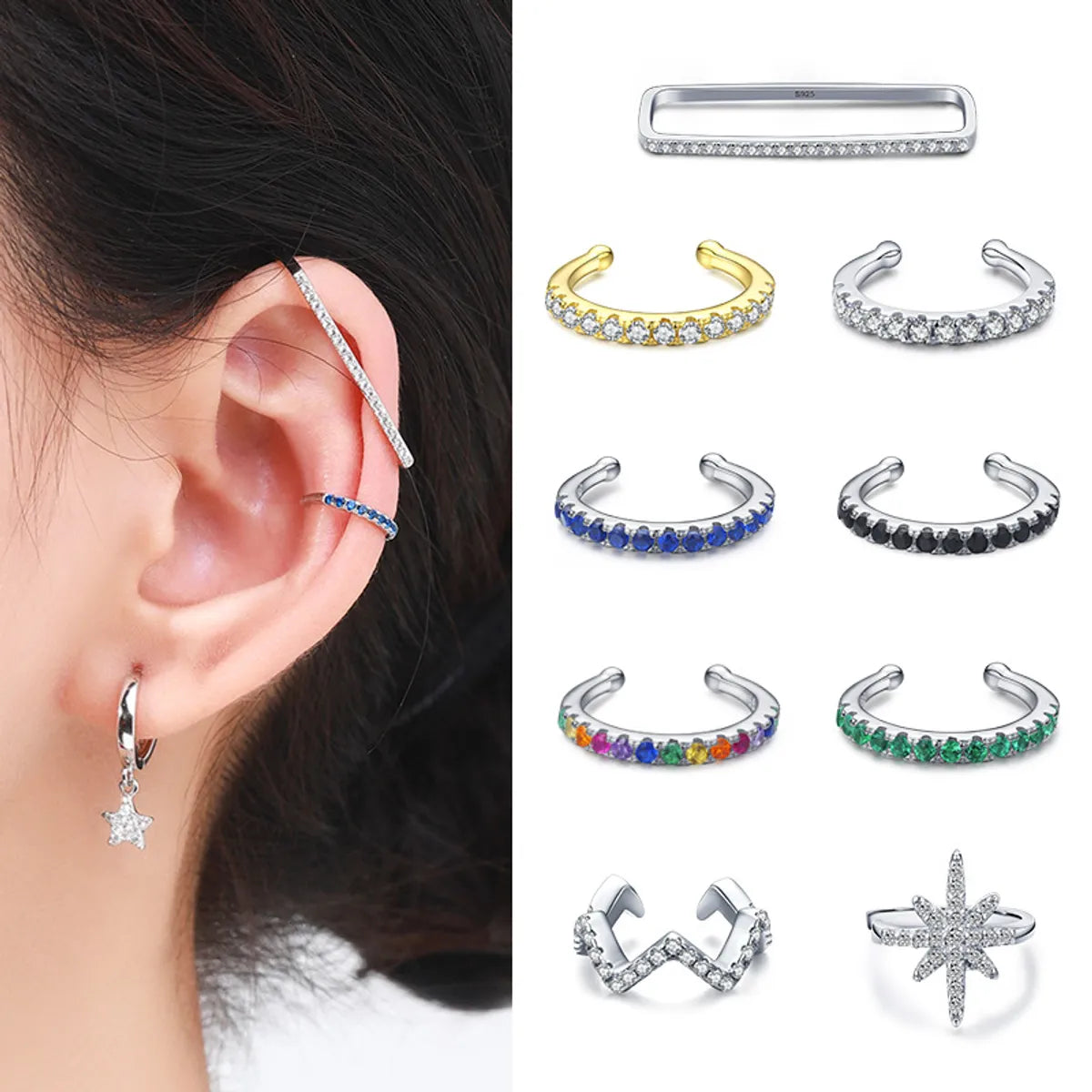 Fashion Star Sterling Silver Inlay Zircon Ear Studs 1 Piece