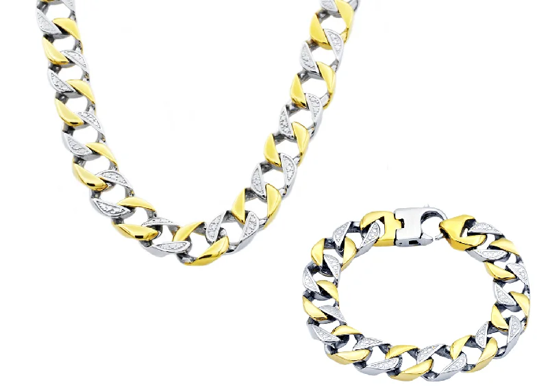 Fashionable Pendant Necklace-Mens 14mm Two Tone Gold Stainless Steel Pave Curb Link Bracelet & Necklace Chain Set