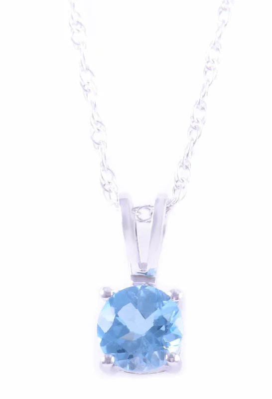 Elegant Diamond Necklace-14K White Gold 5mm Swiss Blue Topaz Solitaire Necklace