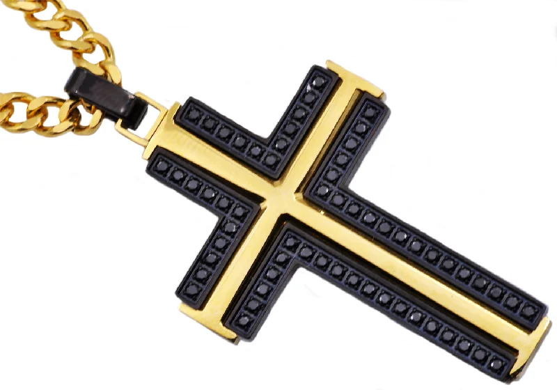 Black Diamond Necklace-Mens Black And Gold Stainless Steel Cross Pendant Necklace With Black Cubic Zirconia