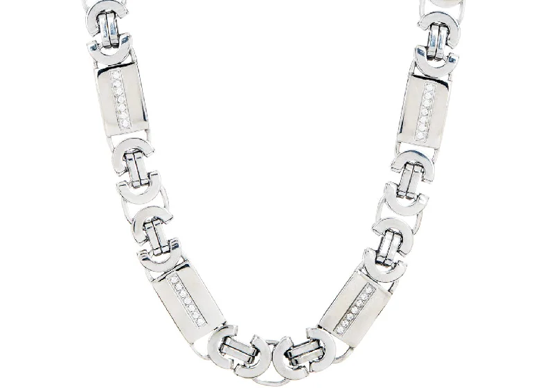 Dainty Crystal Necklace-Mens Stainless Steel Flat Byzantine Link Chain Necklace With Cubic Zirconia