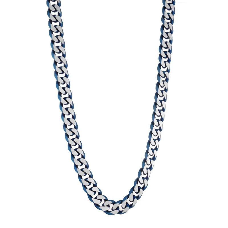 Vintage Bar Necklace-Stainless Steel and IP Blue Curb Chain Men's Necklace