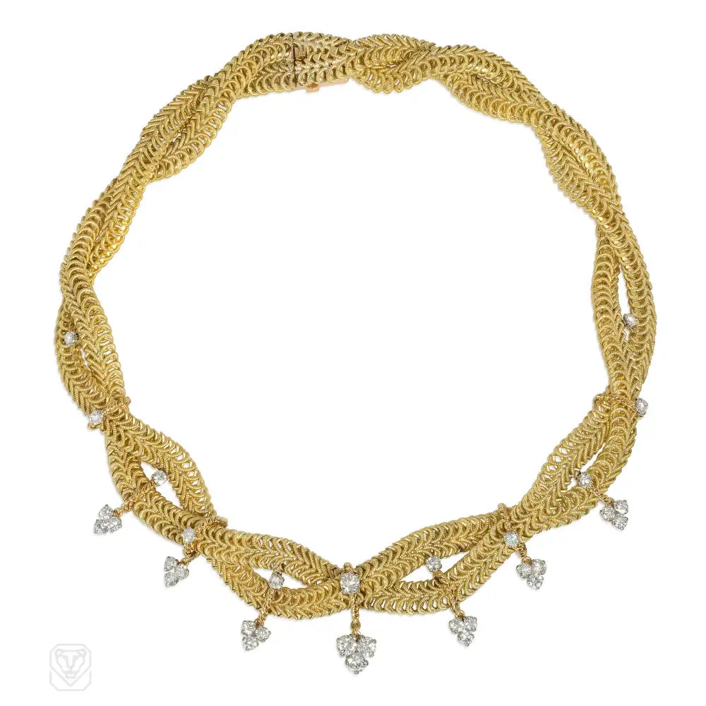 Vintage Bar Necklace-Mid-Century Marchak gold and diamond braided necklace