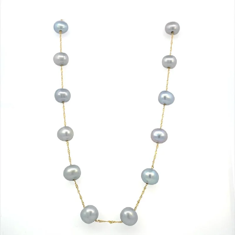 Dainty Diamond Necklace-14K Yellow Gold 6.5-7mm Dyed Gray Freshwater Pearl Station Necklace