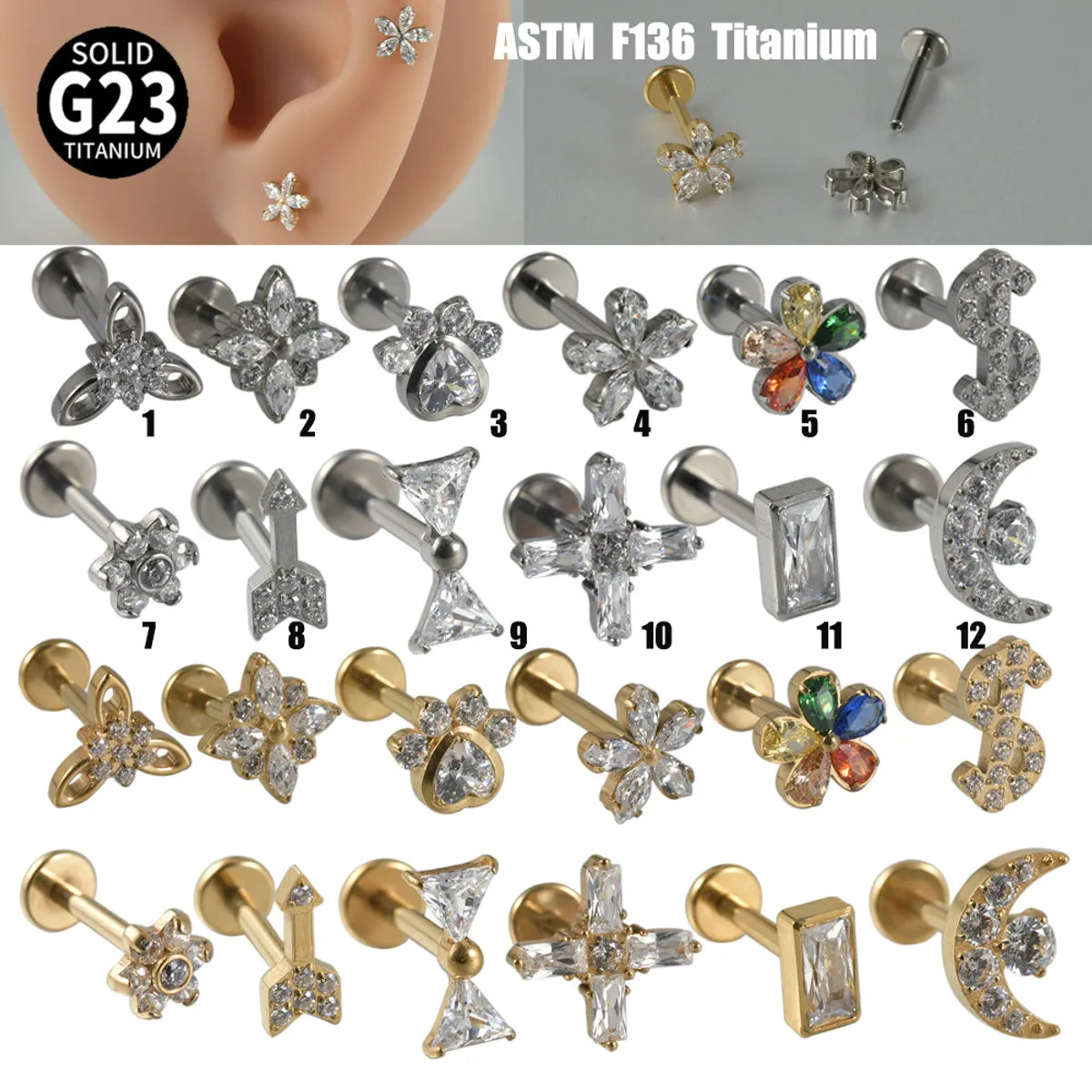 Luxury Diamond Ring-1 Piece Lip Rings Casual Tropical Star Flower G23 Titanium Polishing Plating Zircon 18K Gold Plated Lip Rings Ear Cartilage Rings & Studs