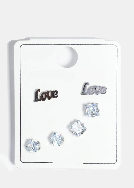 Artistic Drop Earrings-3 Pair "LOVE" & Rhinestone Stud Earrings