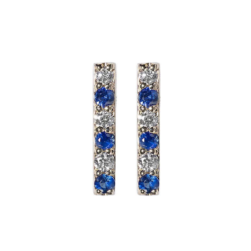 Bridal Hoop Earrings-Diamond/Blue Sapphire Gemstone Bar Studs