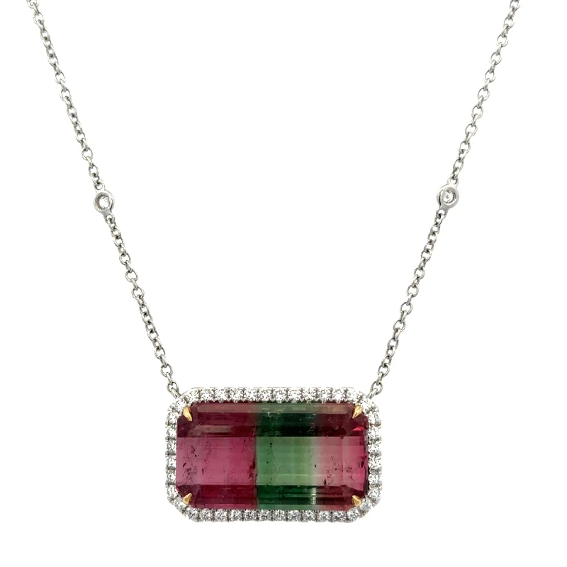 Chic Silver Necklace-Watermelon Tourmaline and Diamond Necklace in 18k White Gold