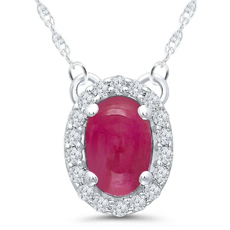 Adjustable Silver Necklace-14K White Gold 0.75ctw Oval Cabochon Ruby & Diamond Halo Necklace