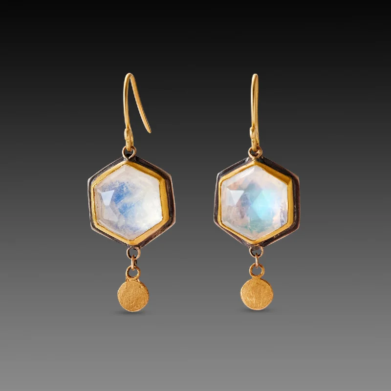 Simple Gemstone Earrings-Hexagon Moonstone Earrings with Gold Drops