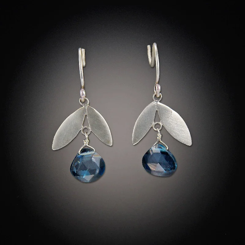 Gemstone Drop Earrings-Leaf Earrings with Blue Topaz Drops