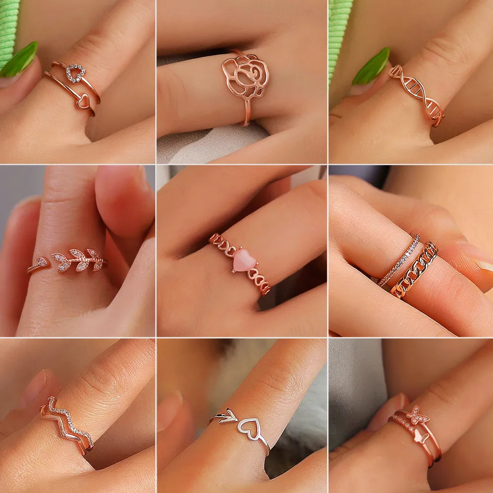 Personalized Couple’s Ring-Fashion Leaf Butterfly Chain Zircon Open Ring Wholesale