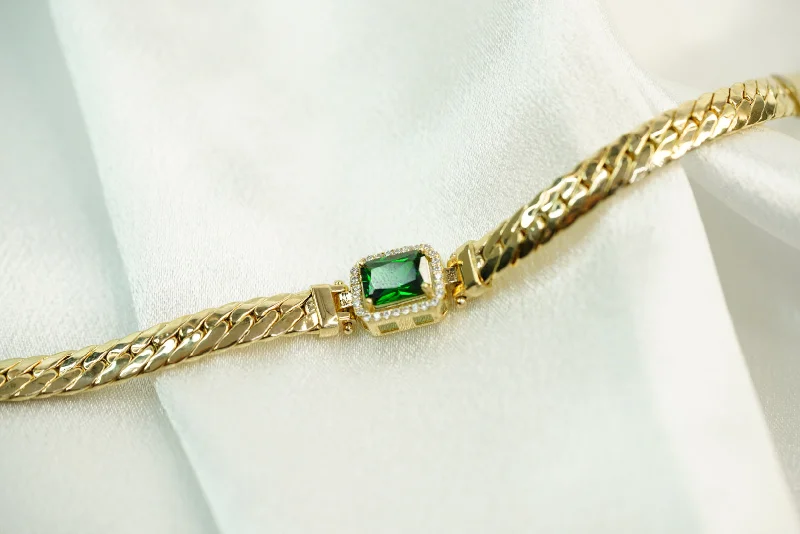 Dainty Beaded Bracelet-14k Green Crystal Cuban Close Bracelet