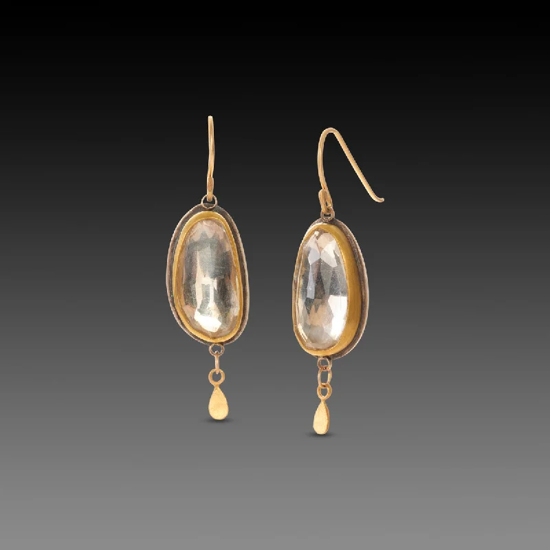 Silver Earrings with Opal-Clear Topaz Earrings with 22k Gold Teardrops