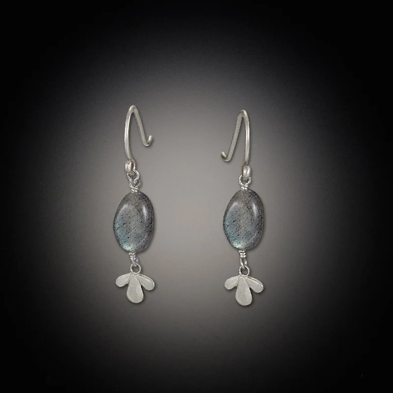 Modern Silver Earrings-Labradorite Earrings with Tiny Leaf Trio