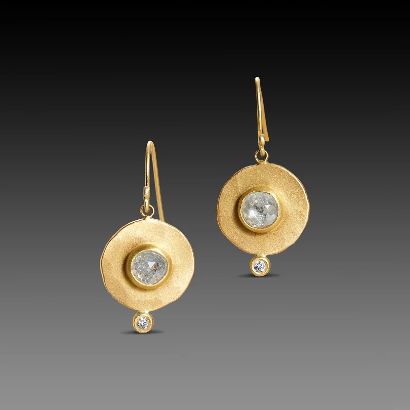 Gemstone Stud Earrings-Hammered Gold Disk Earrings with Gray Diamonds