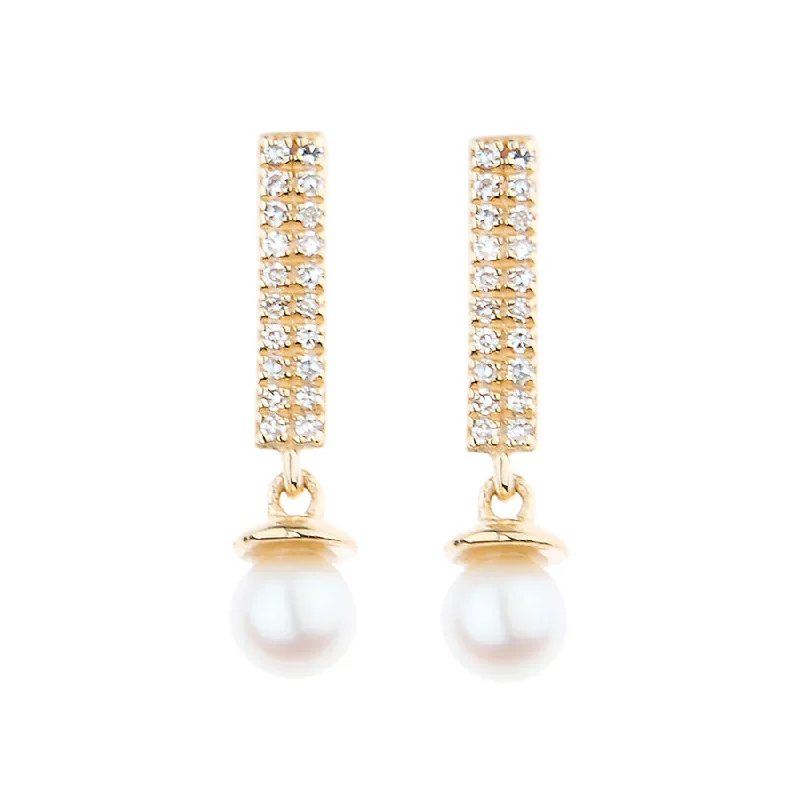 Small Gold Earrings-Diamond Candy Bar & Pearl BonBon Stud Earring