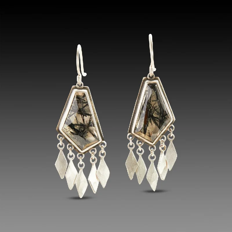 Clear Gemstone Earrings-Tourmalinated Quartz Earrings with Sterling Fringe