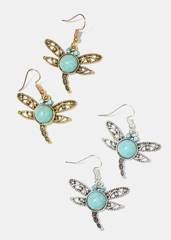 Vintage Style Earrings-Turquoise Dragonfly Earrings