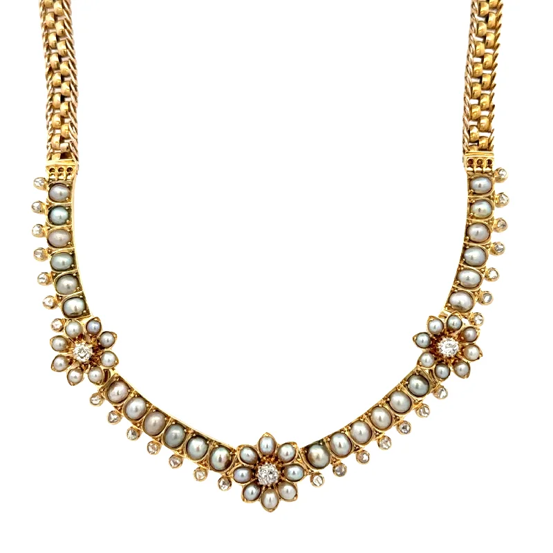 Sparkling Gemstone Necklace-Antique Edwardian Pearl and Old Mine & Rose Cut Diamond Floral Necklace in Yellow Gold