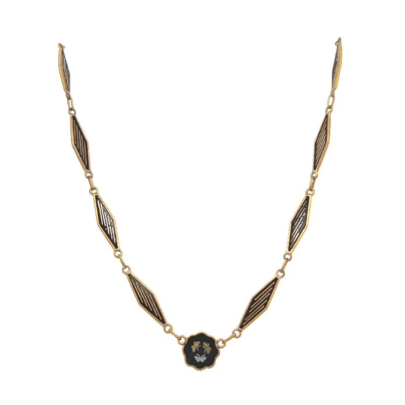 Bead Chain Necklace-Estate Gold Filled Niello Enamel Damascene Butterlfy & Bird Necklace