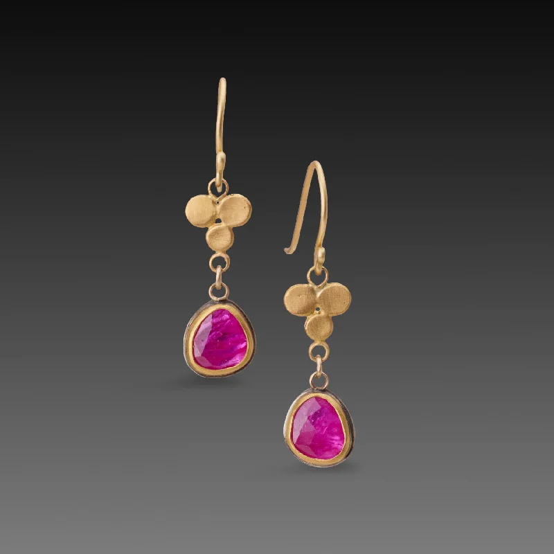 Diamond Drop Earrings-Organic Ruby Drop Earrings with Gold Trios