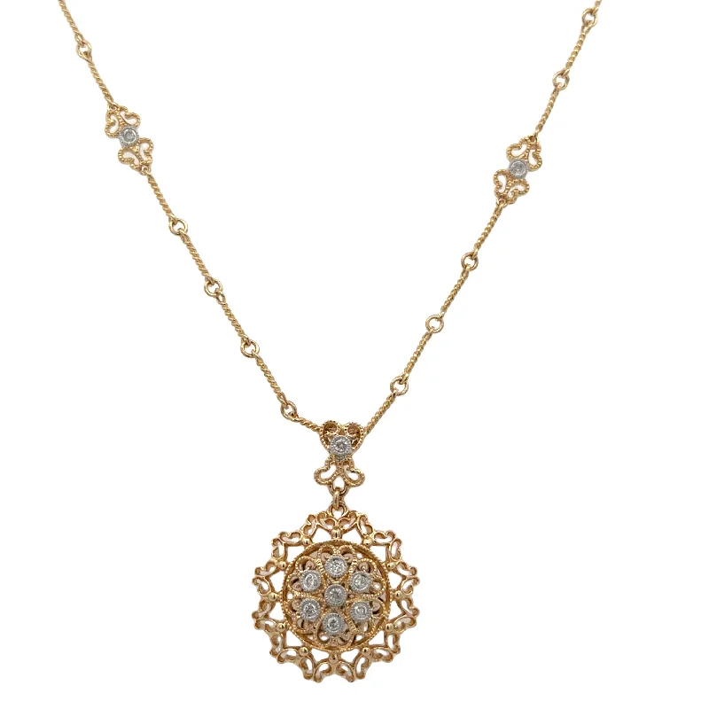 Handmade Crystal Pendant Necklace-Openwork Diamond Accented Circular Station Necklace in Yellow Gold