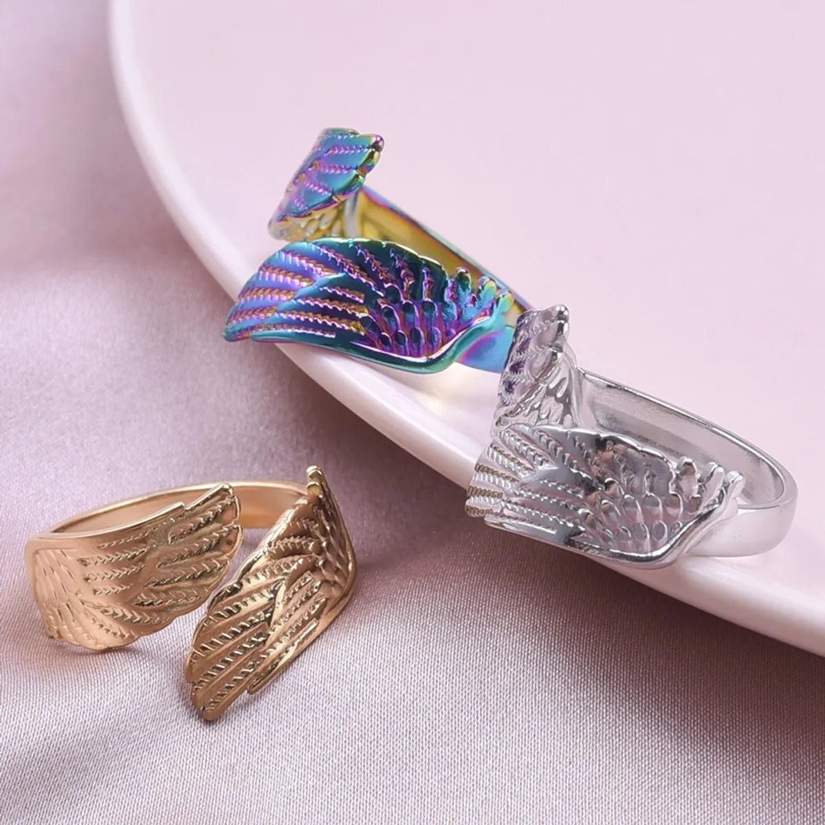 Emerald Cut Diamond Ring-Casual Modern Style Wings 304 Stainless Steel Plating 18K Gold Plated Unisex Open Rings