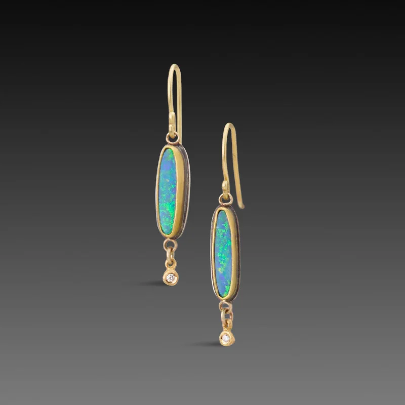 Long Dangle Earrings-Australian Opal Earrings with Diamond Drops