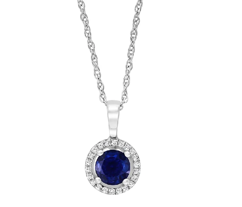 Customizable Gold Necklace-14K White Gold 0.72ctw Round Blue Sapphire & Diamond Halo Necklace