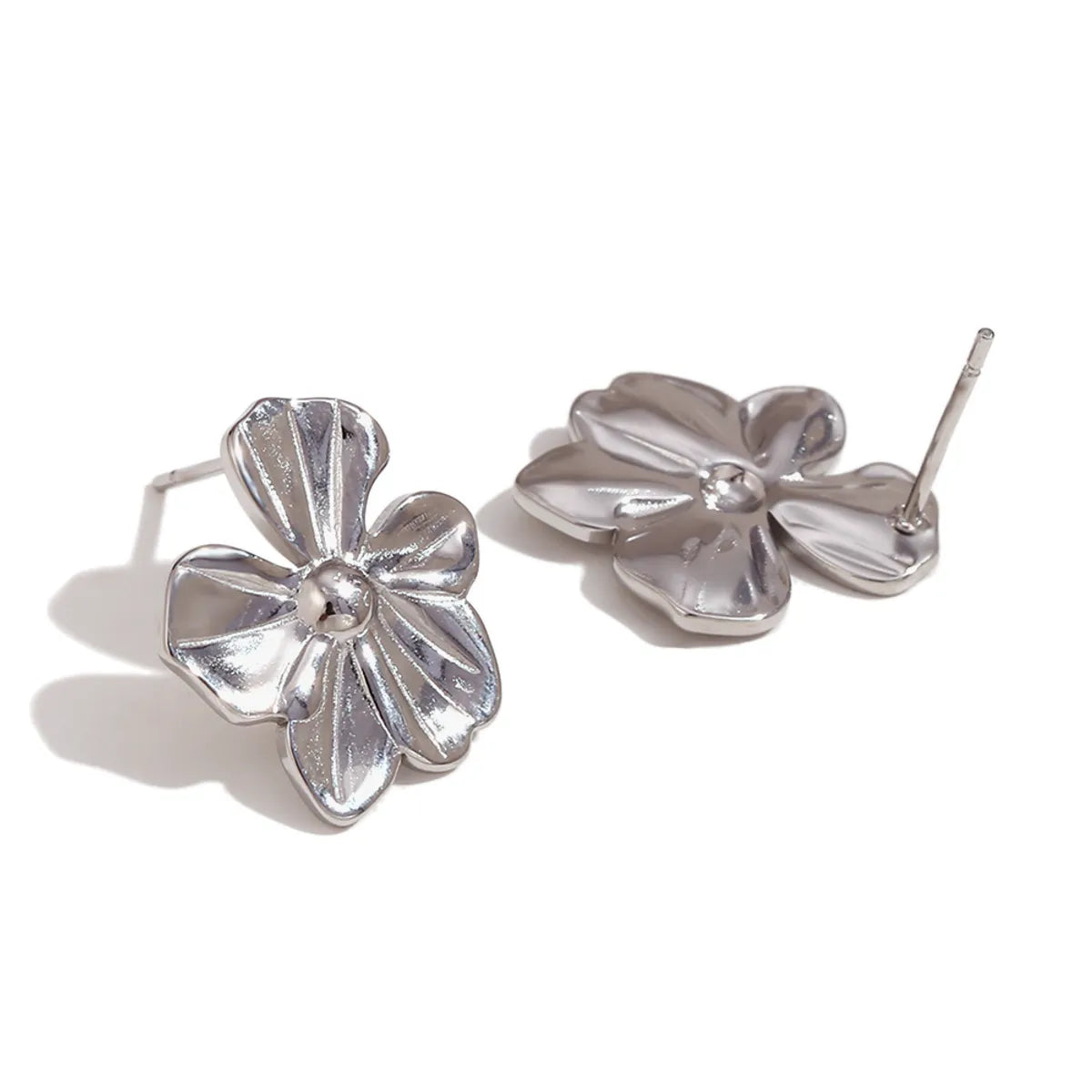 Cast Five Petal Flower Stud Earrings-Small-Steel Color