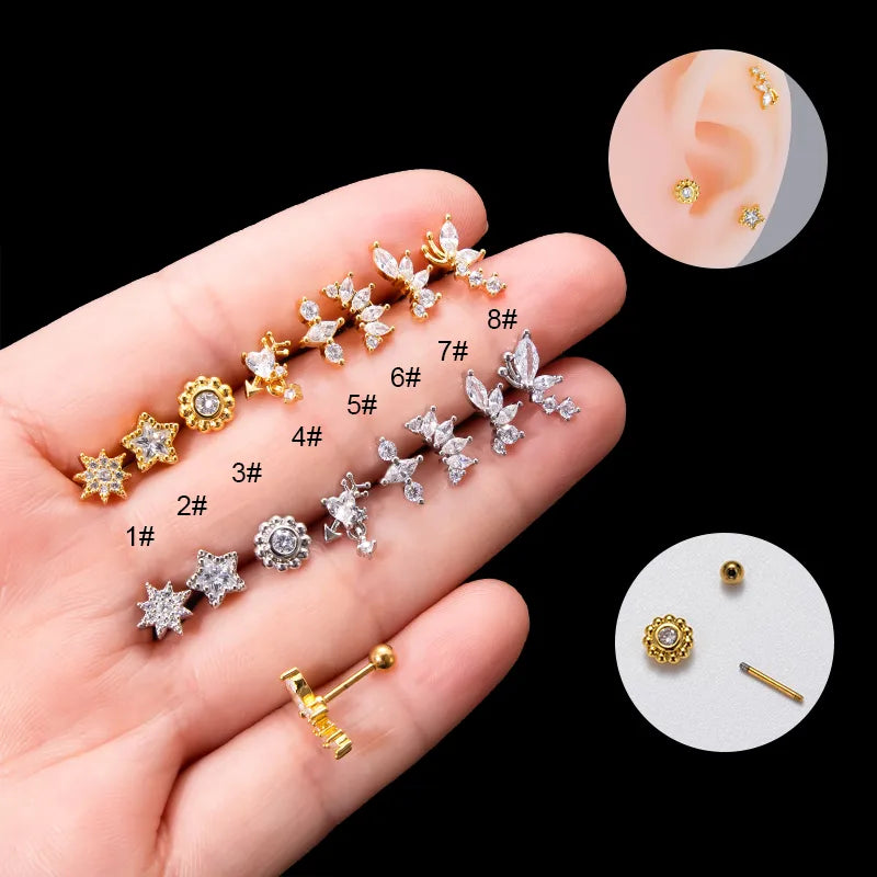 1 Piece Sweet Simple Style Pentagram Flower Butterfly Plating Inlay Copper Zircon Cartilage Earrings