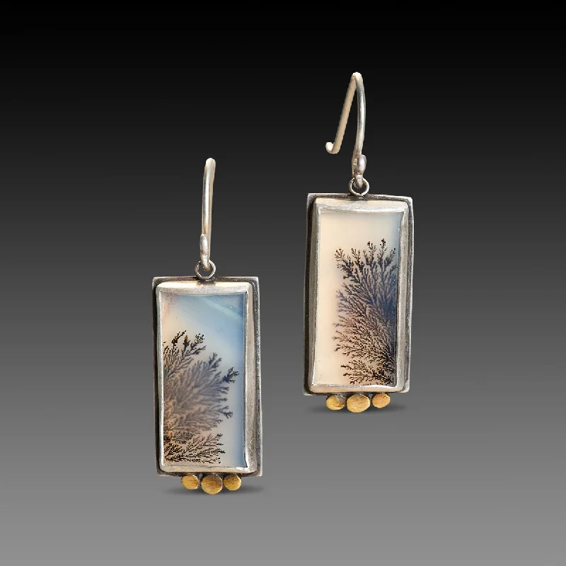 Wedding Dangle Earrings-Dendritic Agate Earrings with Gold Trios