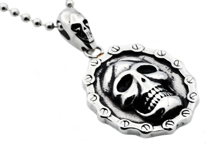 Silver Leaf Necklace-Mens Stainless Steel Biker Skull Pendant Necklace