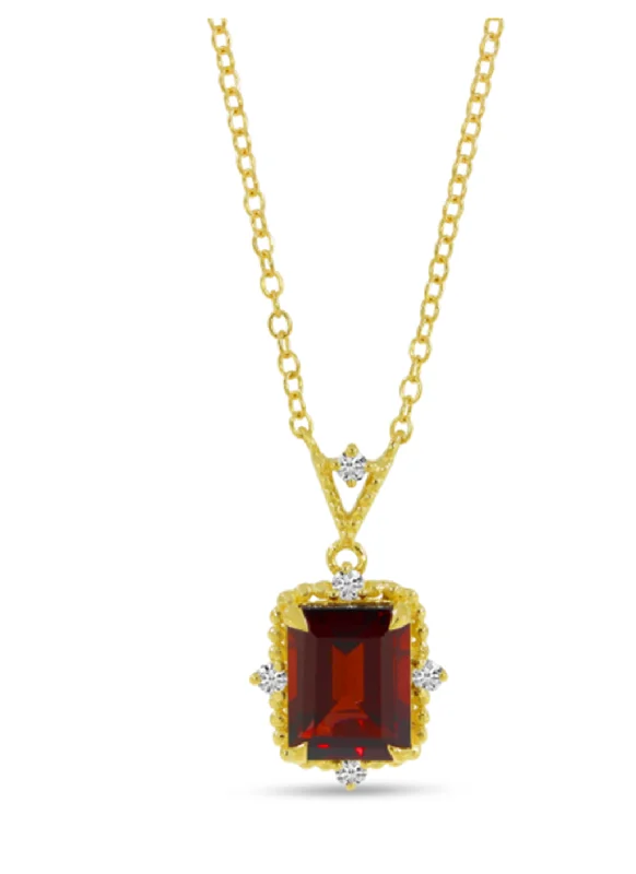 Simple Choker Necklace-14K Yellow Gold Emerald Cut Garnet & Diamond Drop Necklace