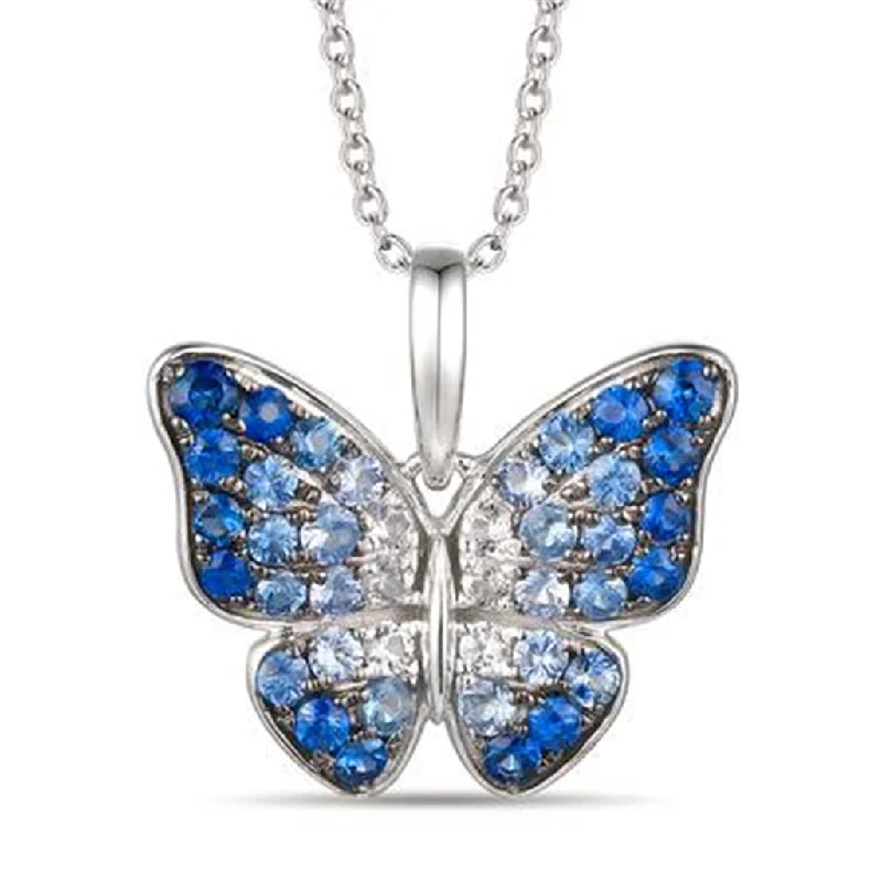 Colorful Gemstone Necklace-14K White Gold 0.96ctw Ombre Blue & White Sapphire Butterfly Necklace by Le Vian