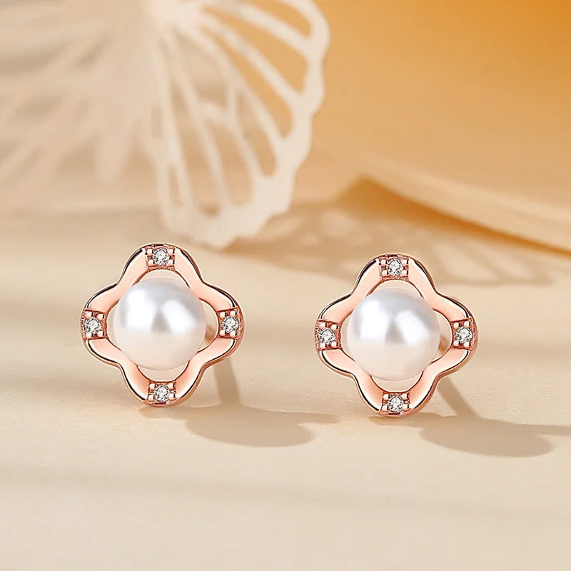 Four-Leaf Flower Shell Pearl Ear Studs Rose Gold