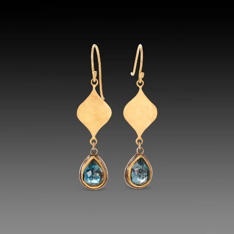 Statement Drop Earrings-Hammered Gold and Blue Topaz Earrings