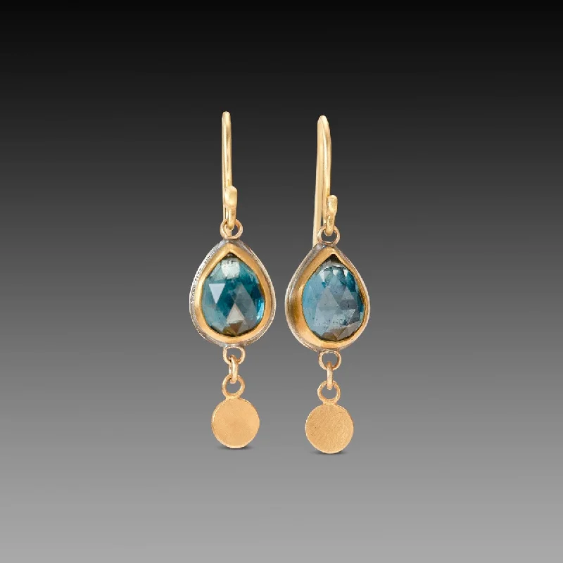 Handmade Hoop Earrings-Blue Topaz Earrings with Gold Drops