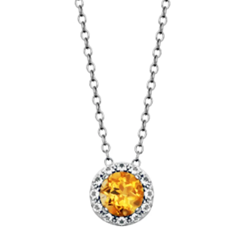 Simple Crystal Pendant Necklace-Sterling Silver Round Citrine & White Topaz Halo Necklace by Samuel B.