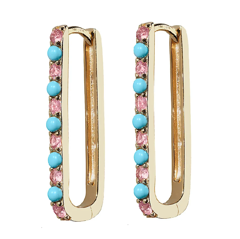 Silver Earrings for Bridesmaids-Turquoise & Pink Sapphire Large Paperclip Hoop Earring