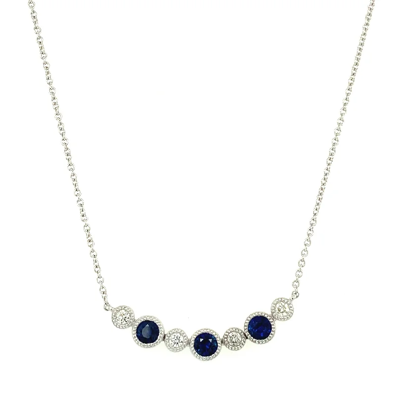 Sterling Silver Necklace-Curved Sapphire and Diamond Necklace in White Gold