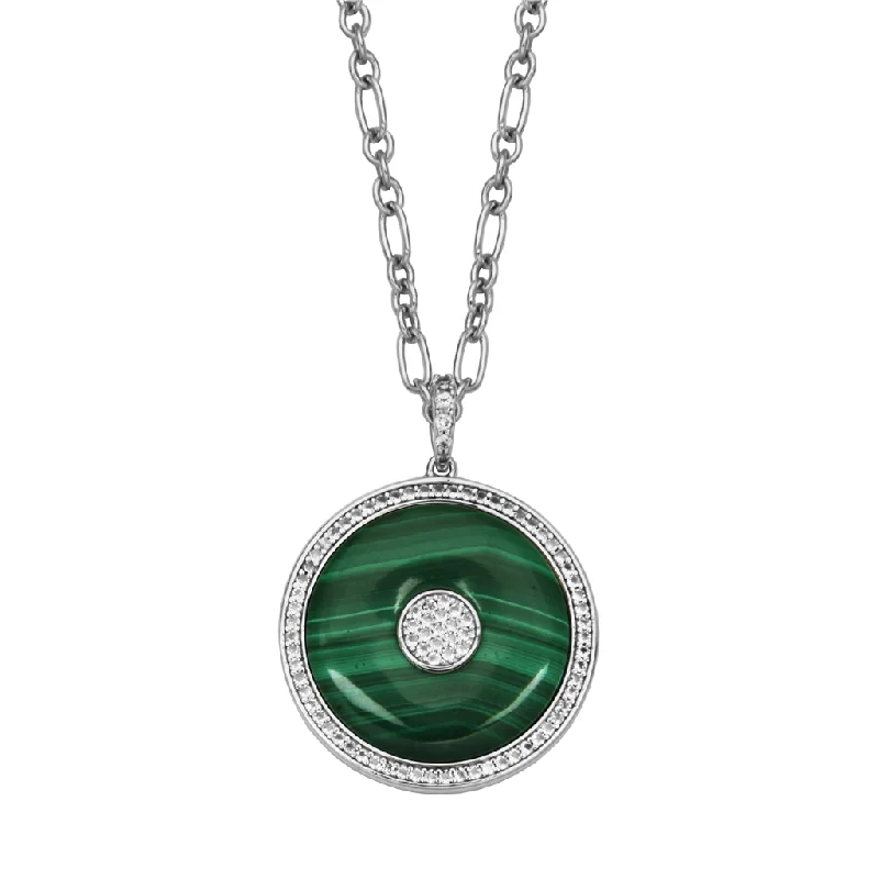 Multi-Layer Chain Necklace-Sterling Silver Malachite & WhiteTopaz Medallion Necklace by Samuel B.