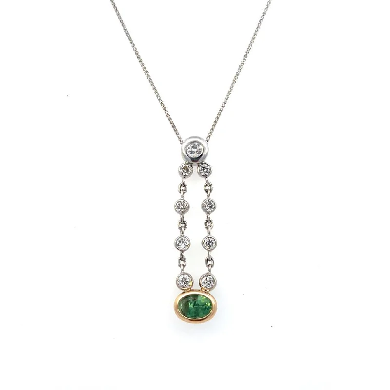 Birthstone Silver Necklace-Estate 14K Two Tone Gold 1.52ctw Green Tourmaline & Diamond Drop Necklace