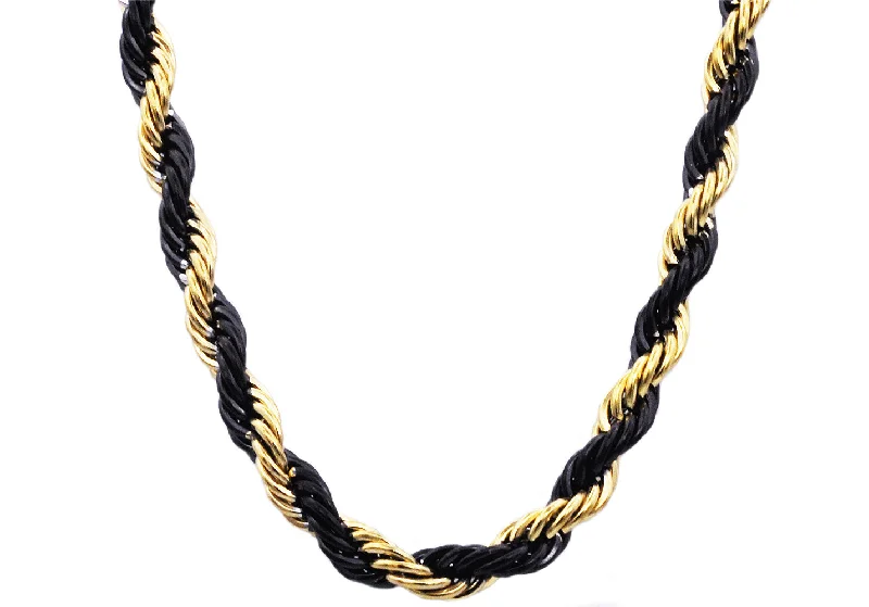 Designer Silver Necklace-Mens Gold And Black Stainless Steel Rope Chain Necklace