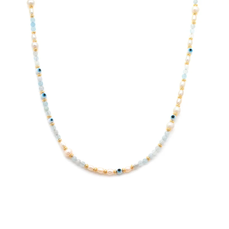 Modern Gold Necklace-Mati Necklace | Aquamarine & Pearl